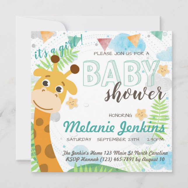 Invitación Giraffe hermoso Baby Shower brillante (Anverso)