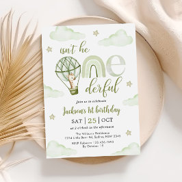 Invitación Giraffe Hot Air Balloon Green Boy 1er cumpleaños