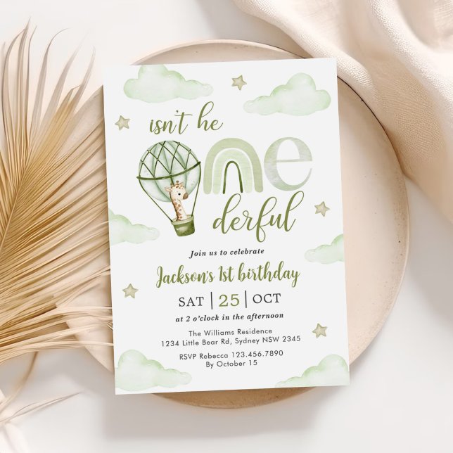 Invitación Giraffe Hot Air Balloon Green Boy 1er cumpleaños (Subido por el creador)