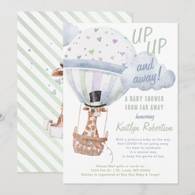 Invitación Giraffe Hot Air Balloon Shower Por Correo (Anverso / Reverso)