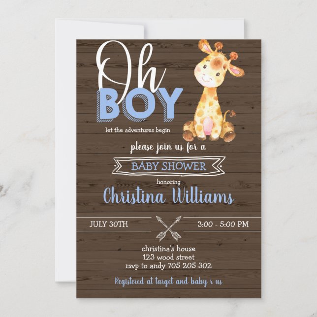 Invitación Giraffe Jungle Rusgle Baby Boy Wood Baby Shower (Anverso)