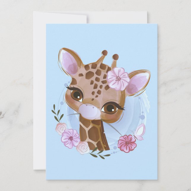 Invitación Giraffe Lover Cuate Baby Giraffe Con Flor (Anverso)