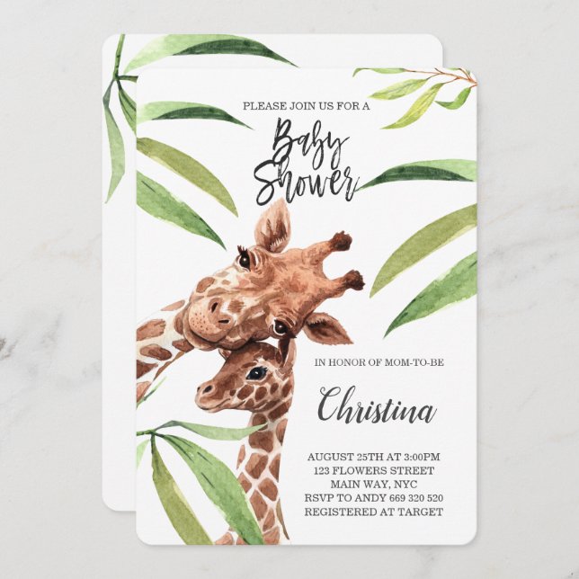 Invitación Giraffe Mamá y bebé vegetal Eucalyptus Baby Shower (Anverso / Reverso)