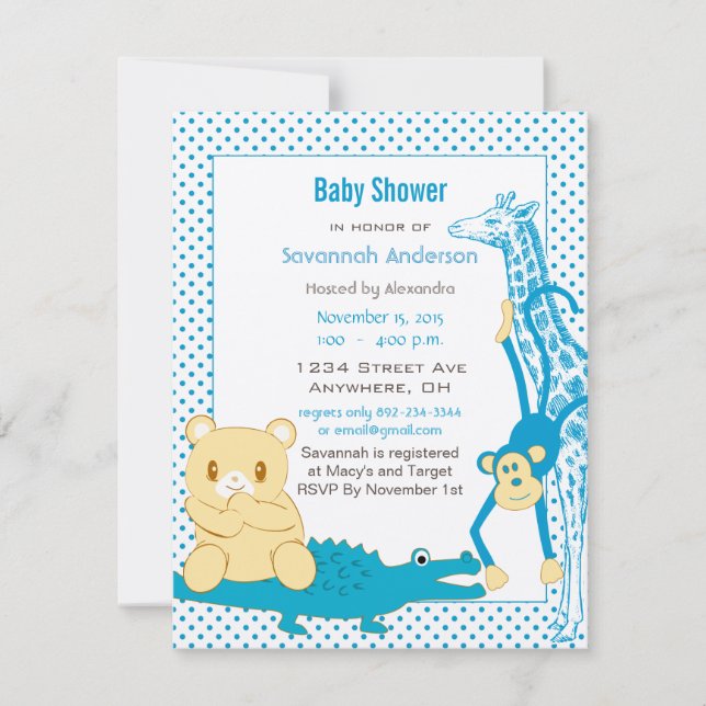Invitación Giraffe Mono El lagarto Bebé Teddy Boy Shower (Anverso)