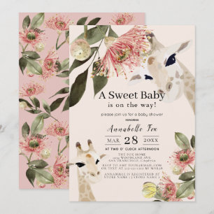Invitación Giraffe Pink Floral Chica Baby Shower