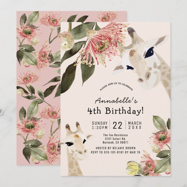 Invitación Giraffe Pink Floral Chica Cumpleaños (Anverso / Reverso)