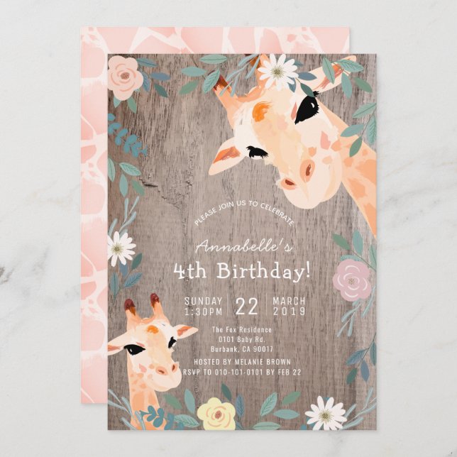 Invitación Giraffe Rustic Wood Pink Floral Cumpleaños (Anverso / Reverso)
