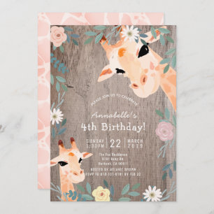 Invitación Giraffe Rustic Wood Pink Floral Cumpleaños