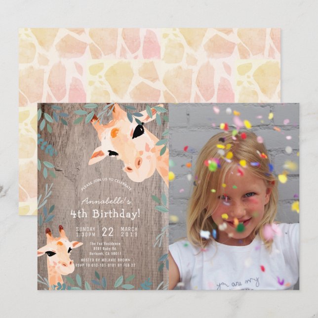 Invitación Giraffe Rústica Madera Verde Foto Niños Cumpleaños (Anverso / Reverso)