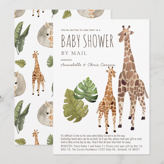Invitación Giraffe Safari en Baby Shower neutral de género po (Anverso / Reverso)
