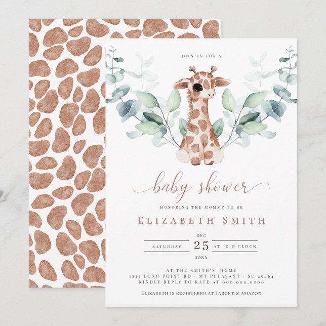 Invitación Giraffe Safari Eucalyptus Watercolor Baby Shower (Anverso / Reverso)
