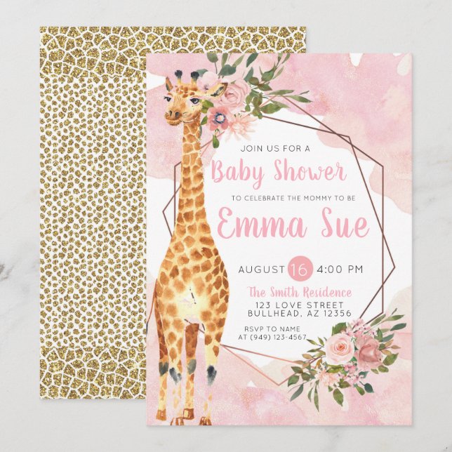 Invitación Giraffe Safari Watercolor Baby Shower (Anverso / Reverso)