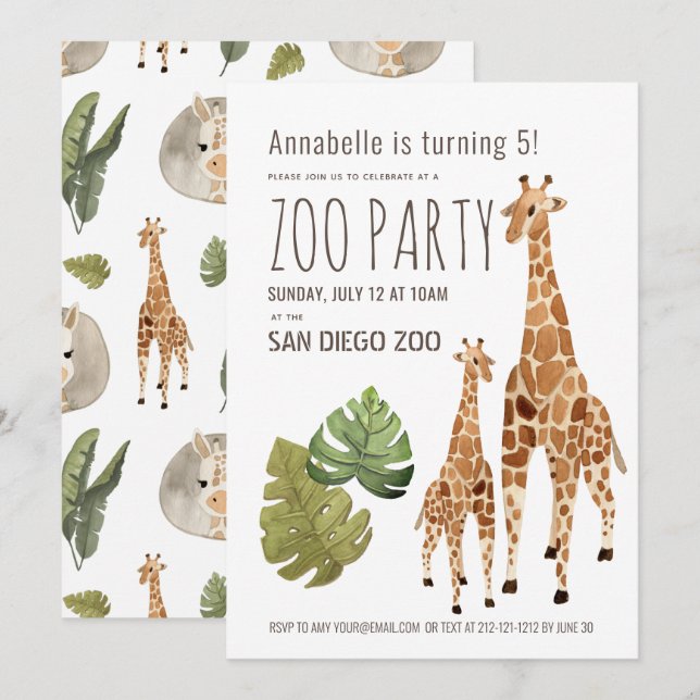 Invitación Giraffe Safari Zoo Fiestas Niños Cumpleaños (Anverso / Reverso)