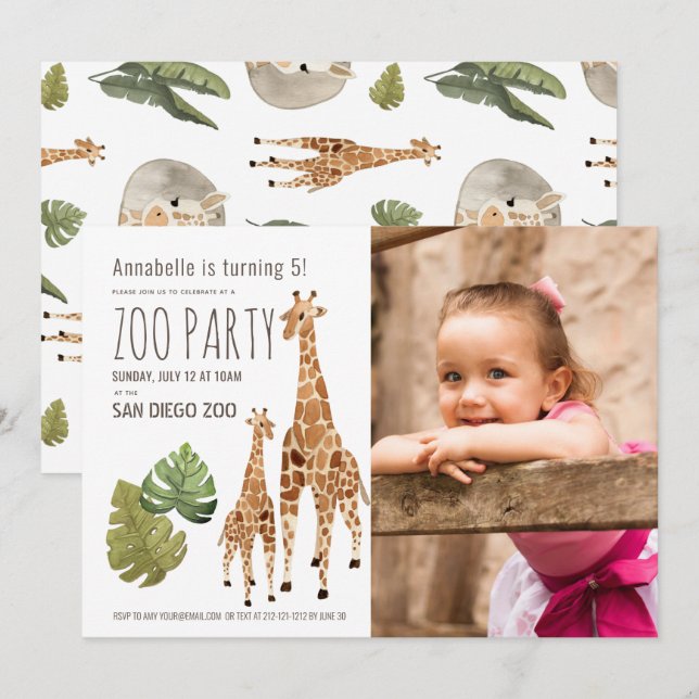 Invitación Giraffe Safari Zoo Fiestas Niños Foto Cumpleaños (Anverso / Reverso)