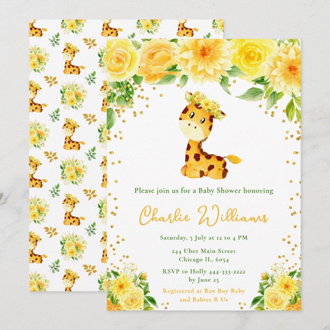 Invitación Giraffe Sexo Neutral Baby Shower (Anverso / Reverso)
