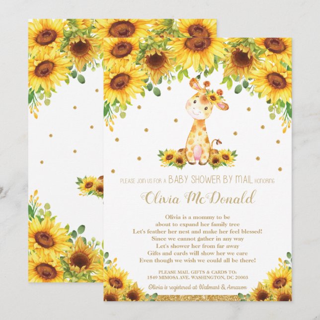 Invitación Giraffe Sunflower Floral Baby Shower por Mail Chic (Anverso / Reverso)