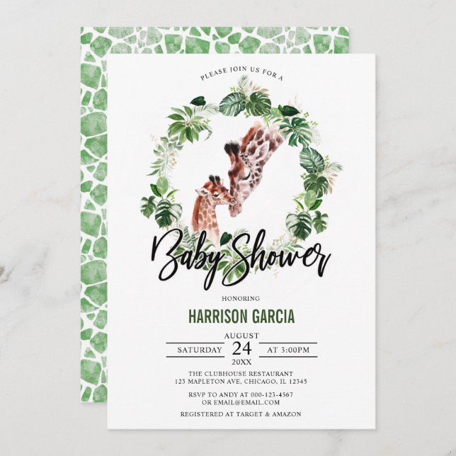 Invitación Giraffe tropical y Baby Shower de la jungla bebé (Anverso / Reverso)