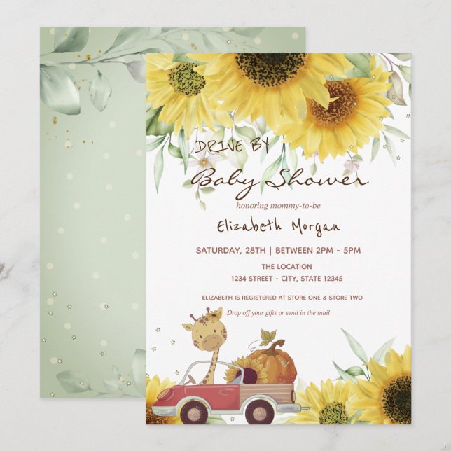 Invitación Giraffe Truck Pumpkin Sunflowers Baby Shower (Anverso / Reverso)