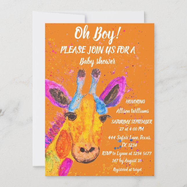 Invitación Giraffe Watercolor Safari Jungle Cute Baby Shower (Anverso)