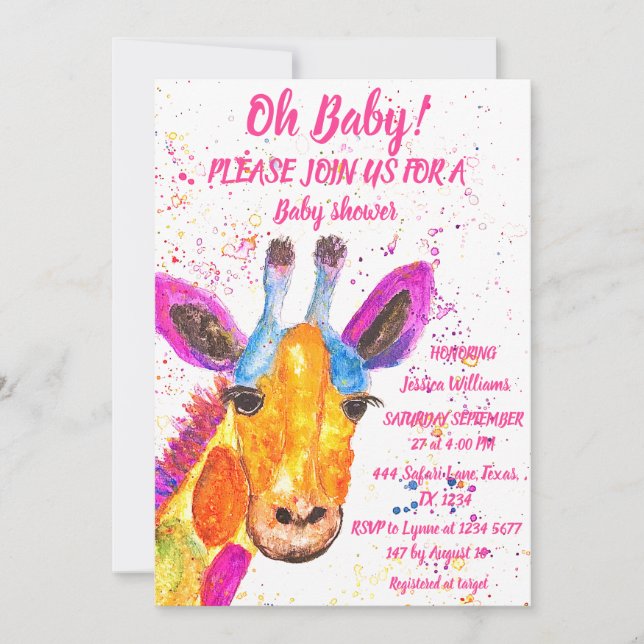 Invitación Giraffe Watercolor Safari Jungle Cute Baby Shower (Anverso)