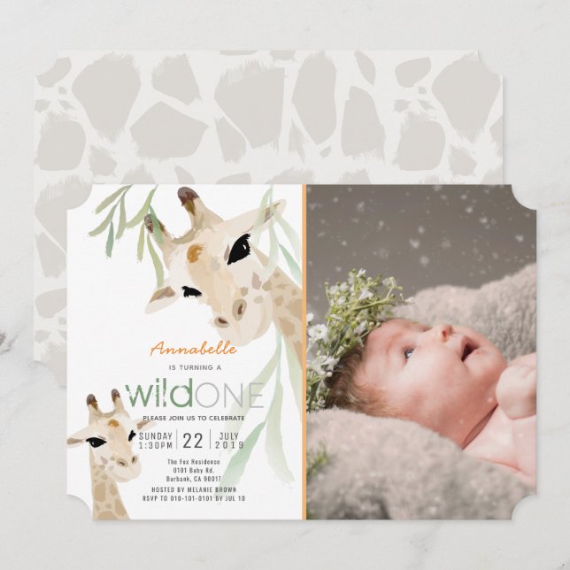 Invitación Giraffe Wild One Watercolor Foto Primer cumpleaños (Anverso / Reverso)