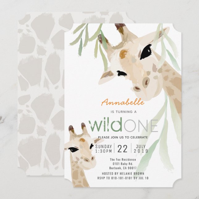 Invitación Giraffe Wild One Watercolor Kids Primer cumpleaños (Anverso / Reverso)