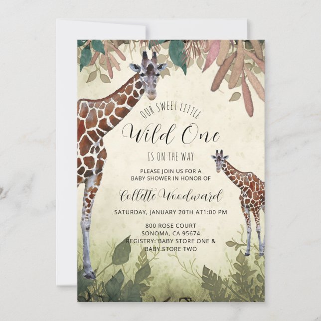Invitación Giraffes Watercolor Wild One Baby Shower (Anverso)