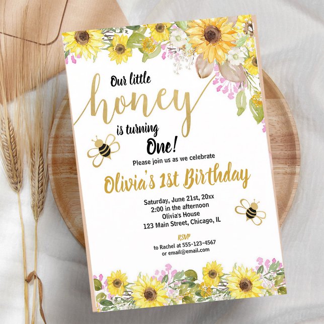 Invitación Girasol Abejorro Amarillo Rosa Cumpleaños 1 (Subido por el creador)