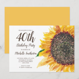 Invitación Girasol Acuarela Amarillo Cumpleaños 40 Mujeres