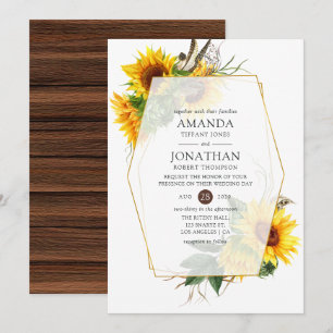 Invitación Girasol Acuarela Boda Geométrica Rústica
