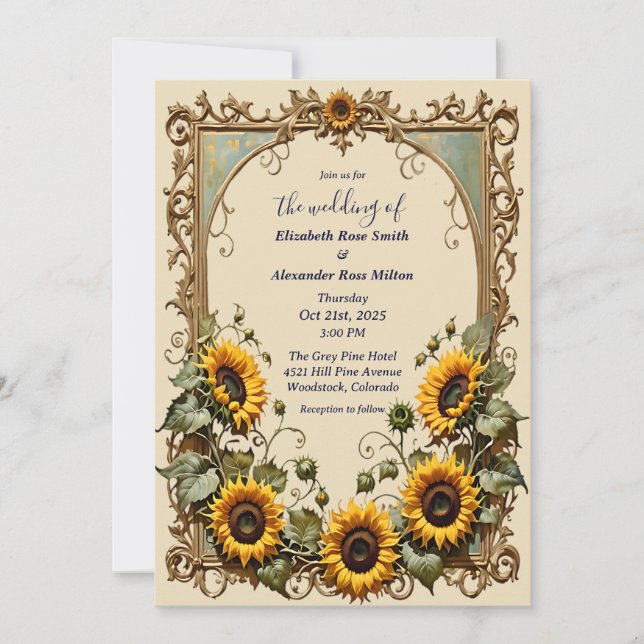 Invitación Girasol amarillo con boda de marco de arte (Anverso)