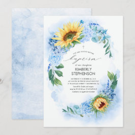 Invitación Girasol amarillo e hidrangea azul turbia bautiza