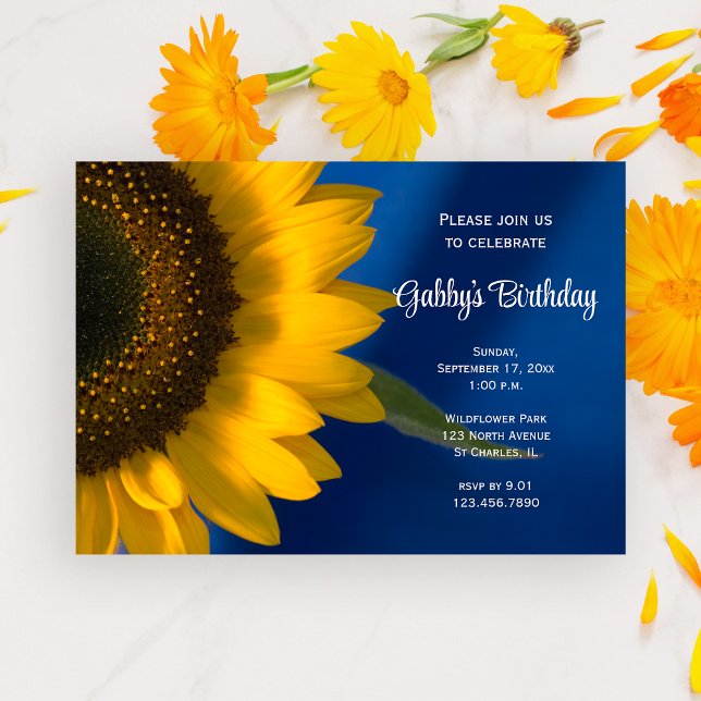 Invitación Girasol amarillo en la fiesta de cumpleaños azul (Subido por el creador)