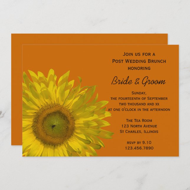 Invitación Girasol Amarillo en Poste Naranja Desayuno de Boda (Anverso / Reverso)