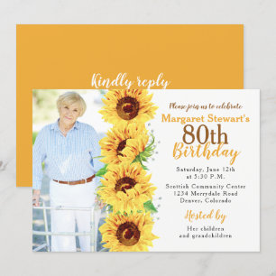 Invitación Girasol amarillo foto cumpleaños 80