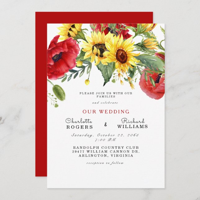 Invitación Girasol amarillo toscano Negrita Boda simple Invit (Anverso / Reverso)