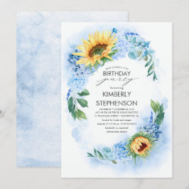 Invitación Girasol amarillo y azul turbio Hidrangea Cumpleaño