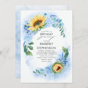 Invitación Girasol amarillo y azul turbio Hidrangea Cumpleaño