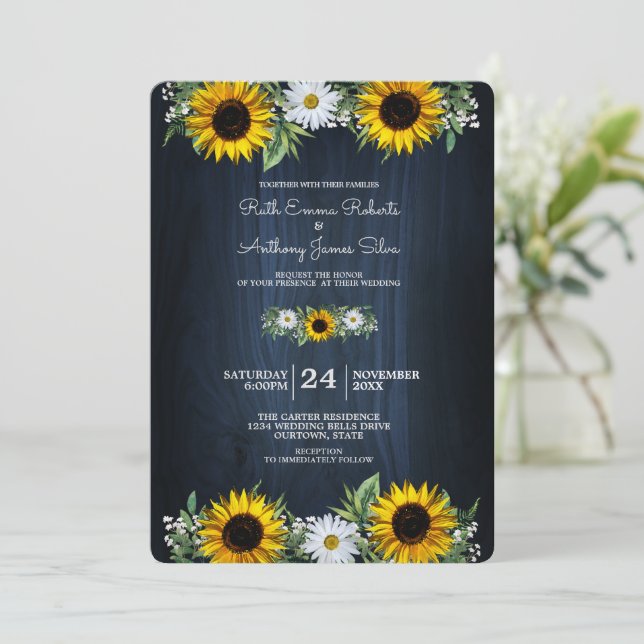 Invitación Girasol azul de la Marina Rusa|Boda de margarita (Anverso de pie)