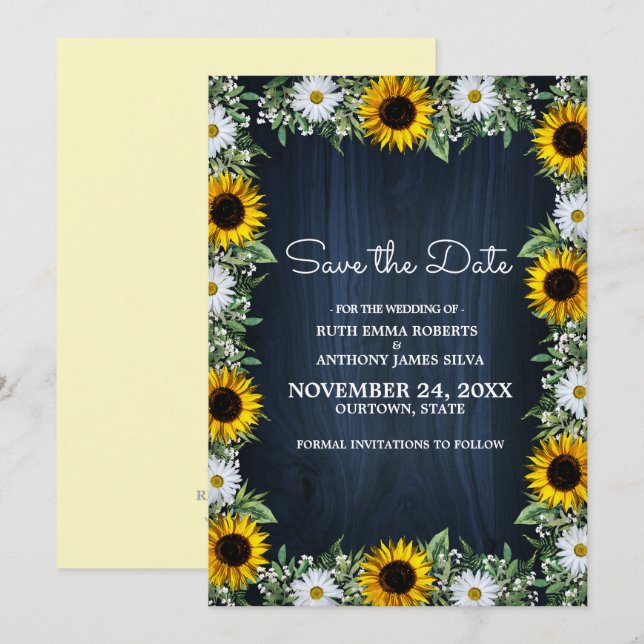 Invitación Girasol azul de la Marina Rusa|Daisy Save the Date (Anverso / Reverso)