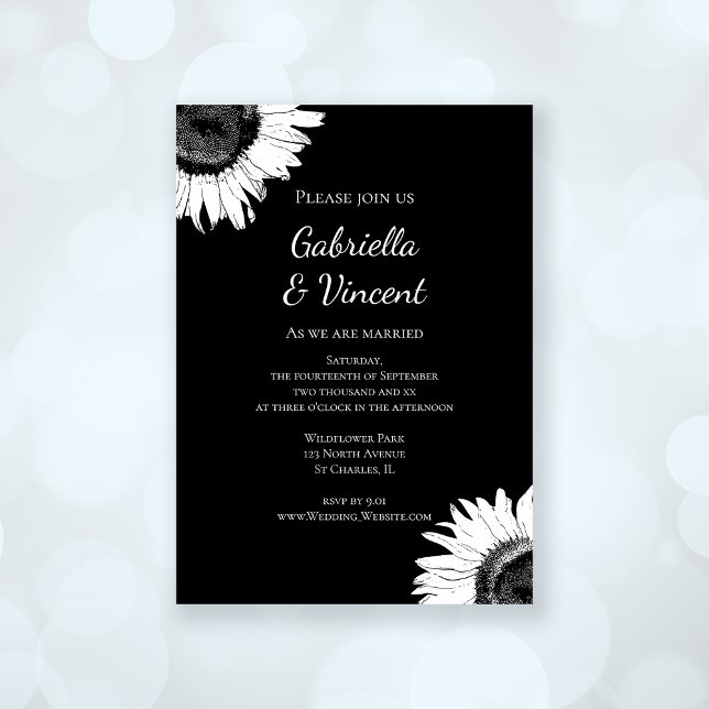 Invitación Girasol blanco sobre Boda negro (Subido por el creador)