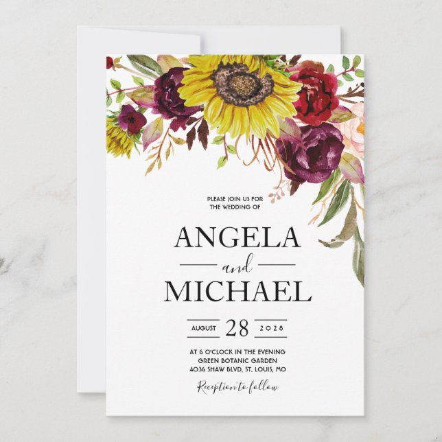Invitación Girasol Borgoña Rosa Rosado Peonía Rosa (Anverso)