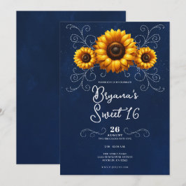 Invitación Girasol Brillo Azul Rústico Glam Dulces 16