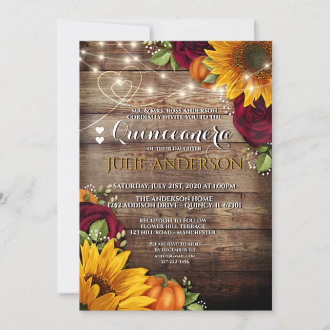 Invitación Girasol, Calabaza y Quinceanera Rústica Rosa (Anverso)
