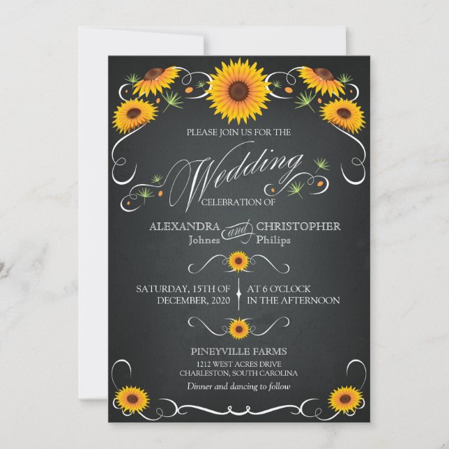 Invitación Girasol Chalkboard Floral Vintage Boda audaz (Anverso)