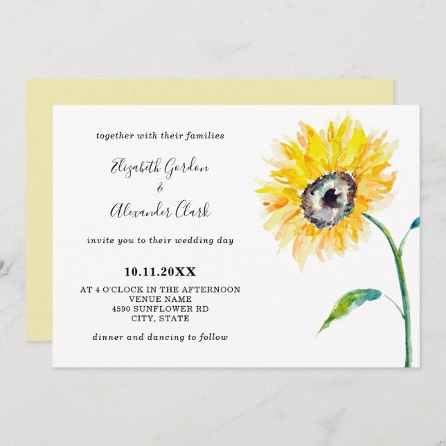 Invitación Girasol color de agua horizontal elegante simple (Anverso / Reverso)