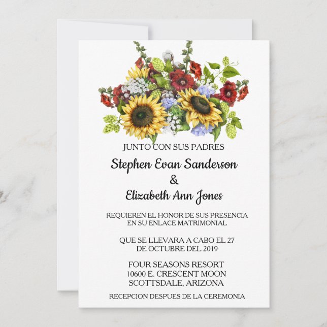 Invitación Girasol de boda español Burgundy rústico (Anverso)