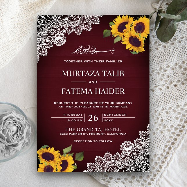 Invitación Girasol de encaje de madera de Borgoña rústico Bod (Subido por el creador)