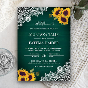 Invitación Girasol de encaje de madera verde rústico Boda mus