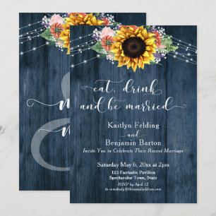 Invitación Girasol de Madera Azul Come Bebe y Cásate